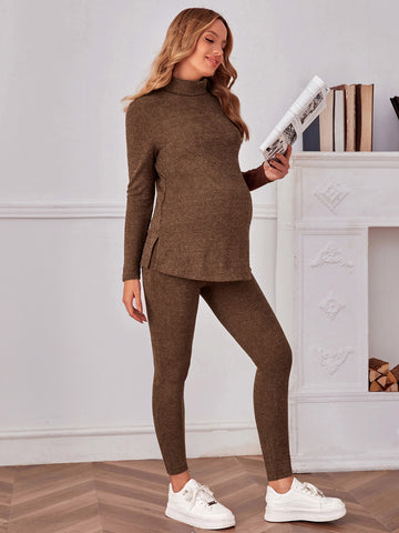 Maternity Mock Neck Split Side Rib-knit Top & Adjustable Waist Leggings Set