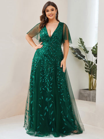 EVER-PRETTY Plus Bell Sleeve Plant Embroidered Prom Dress