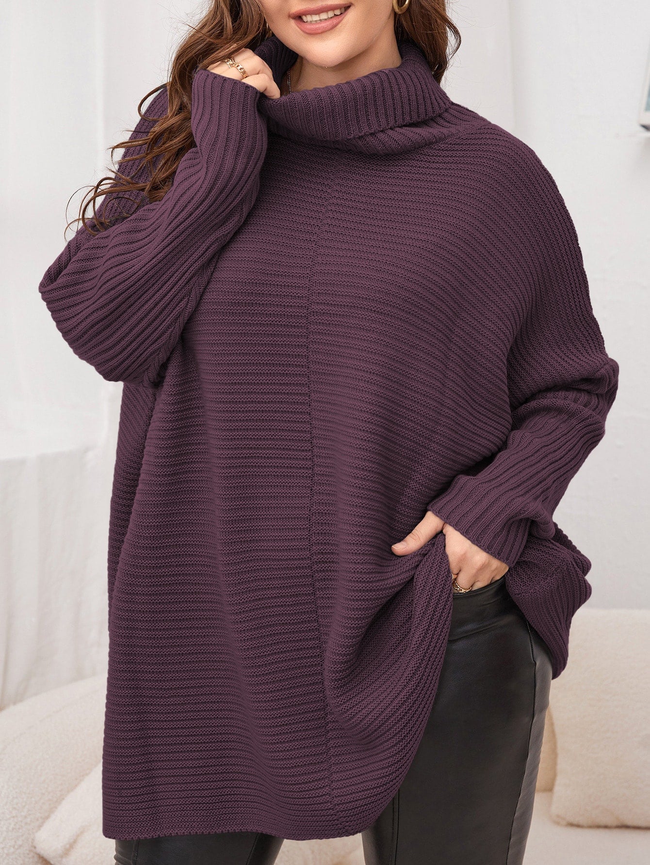 Plus Funnel Neck Batwing Sleeve Sweater