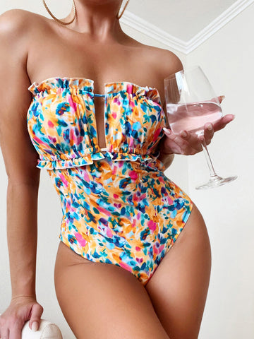 Summer Beach Floral Print Ruched Bust Bandeau One Piece Swimsuit