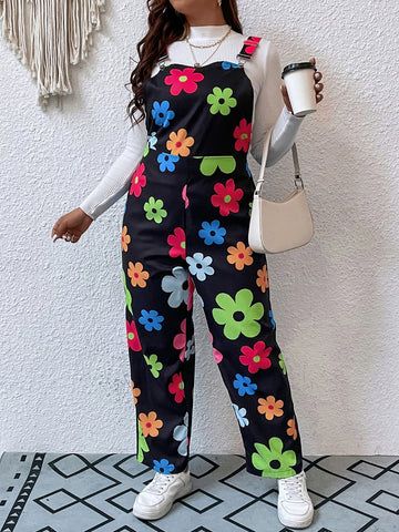 Plus Floral Print Overall Jumpsuit Without Tee