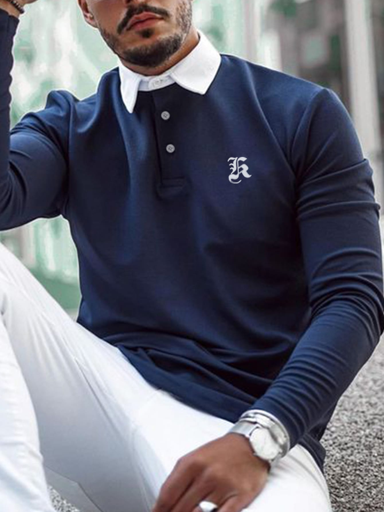 Men Letter Graphic Contrast Collar Polo Shirt