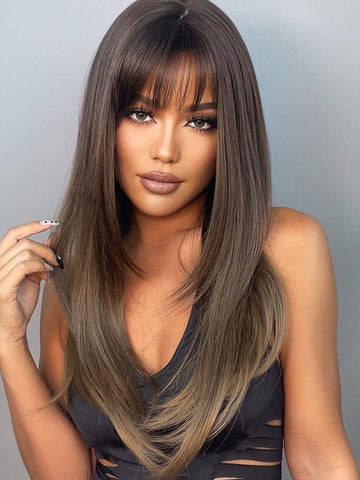 HAIRCUBE 20 Inch Ombre Brown Wigs Long Straight Wigs For Women, Synthetic Wigs With Bangs, Elegant Beautiful Natural Looking Heat Resistant Wigs For Daily Party Use