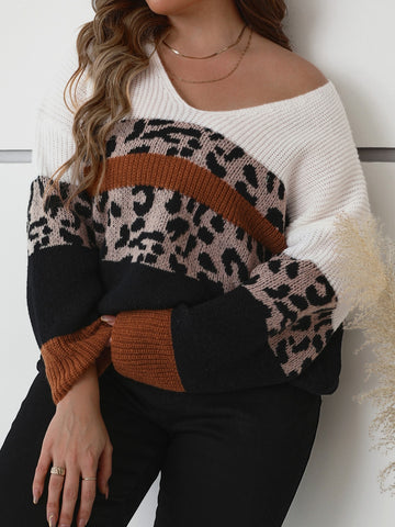 Plus Leopard Pattern Colorblock Drop Shoulder Sweater