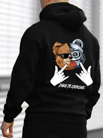 Men Bear And Letter Graphic Drawstring Thermal Lined Hoodie