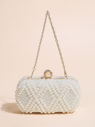 Mini Pearl & Rhinestone Decor Chain Box Bag, Perfect Bride Purse For Wedding, Prom & Party Events
