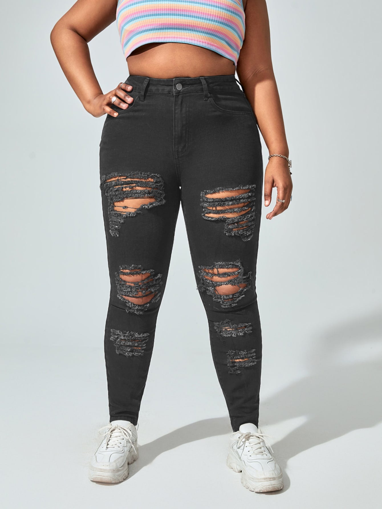 Plus High Waist Ripped Frayed Cut Out Skinny Jeans