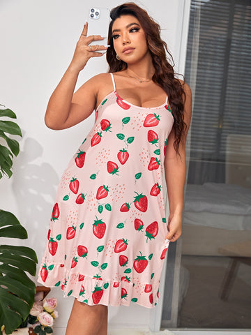 Plus Strawberry Print Ruffle Hem Cami Nightdress