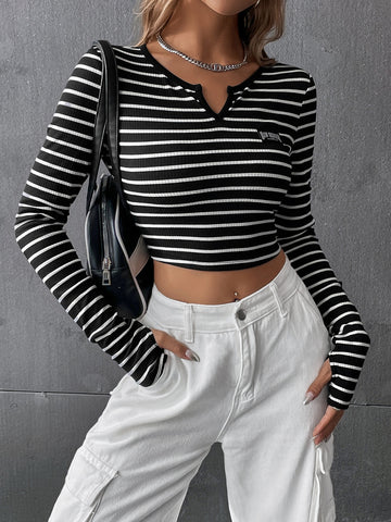 Striped Notched Neck Crop Tee