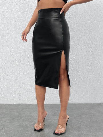 High Waist Split Thigh PU Leather Skirt
