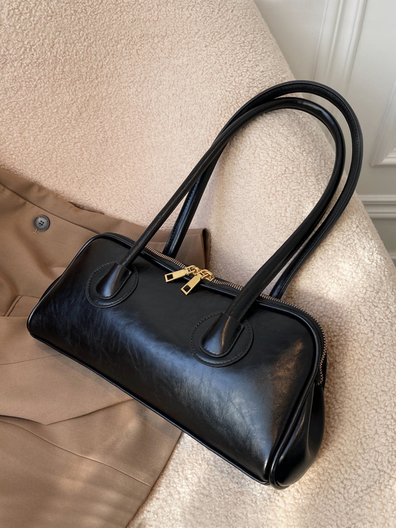 Double Zipper Baguette Bag, Elegant Solid Color Shoulder Bag Women's Retro Style Handbag Minimalist Shoulder Tote Bag