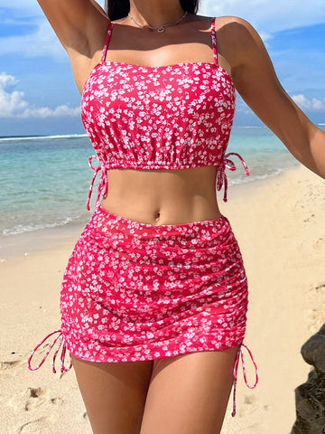 Summer Beach Ditsy Floral Drawstring Bikini Swimsuit