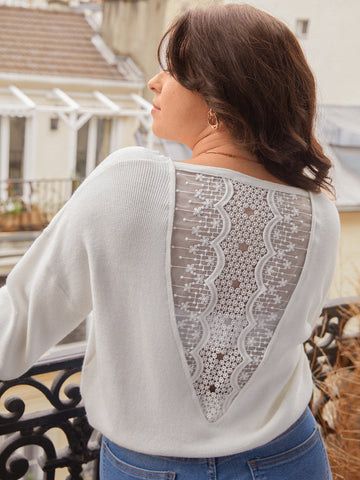 Plus Floral Embroidery Mesh Panel Drop Shoulder Sweater