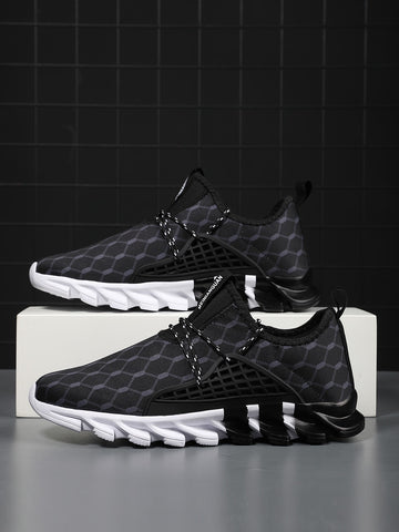 Men Geometric Pattern Lace Up Design Slip-On Running Shoes