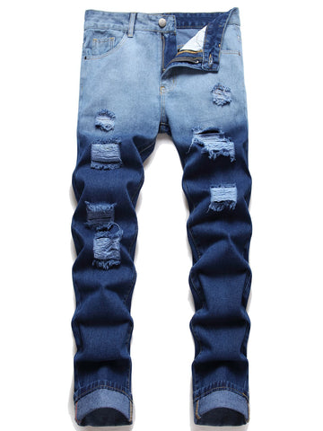 Men Cotton Ombre Ripped Frayed Jeans