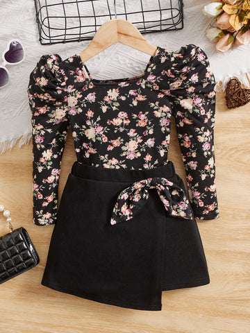 Young Girl Floral Print Gigot Sleeve Top & Bow Front Wrap Skirt