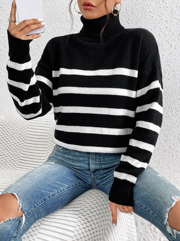 Striped Pattern Turtleneck Drop Shoulder Sweater