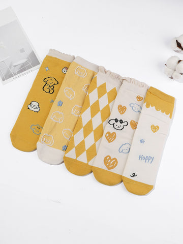 5pairs Heart & Letter Graphic Crew Socks