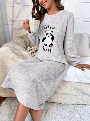Panda & Letter Embroidery Flannel Night Dress