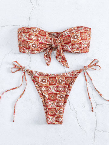 Summer Beach Allover Print Knot Front Bandeau Bikini Swimsuit