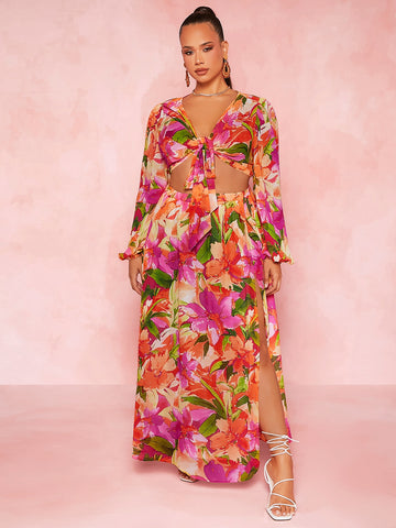 Plus Floral Print Knot Front Crop Top & Split Thigh Skirt