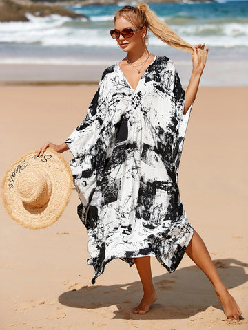 Allover Print Batwing Sleeve Cover Up House Dress