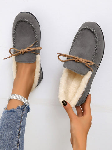 Lace-up Front Thermal Lined Faux Suede Flat Loafers