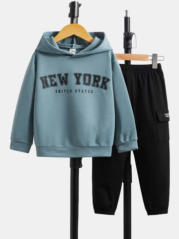Young Boy Letter Graphic Hoodie & Patch Detail Pants