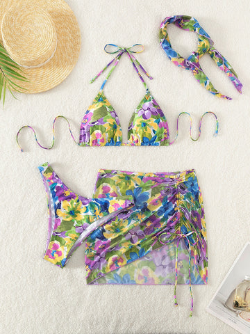 Floral Print Halter Triangle Bikini Swimsuit With Beach Skirt & Bandana