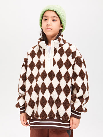 Tween Boys' Grid Fleece Lined Warm Jacket With Lamb Wool Stand Collar And Half Placket Sweatshirt, Winter