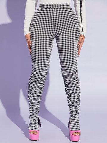 Houndstooth Print Stacked Pants