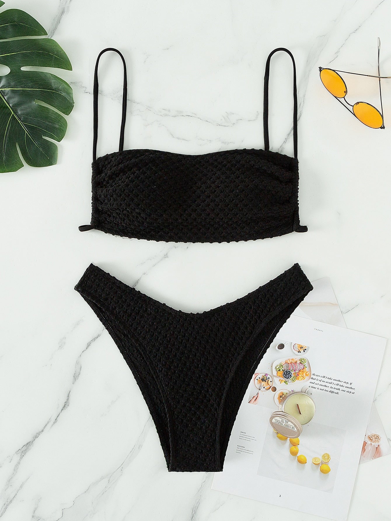 Textured Bikini Set Adjustable Strap Cami Bra & High Cut Bottom 2 Piece Bathing Suit