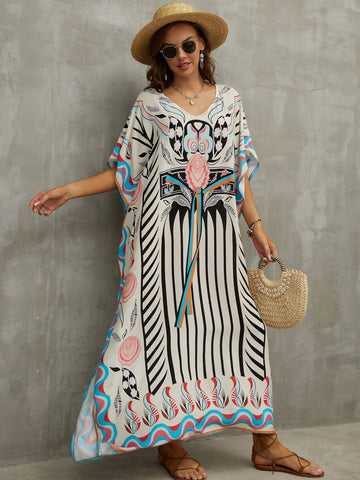 Striped & Geo Print Batwing Sleeve Cover Up
