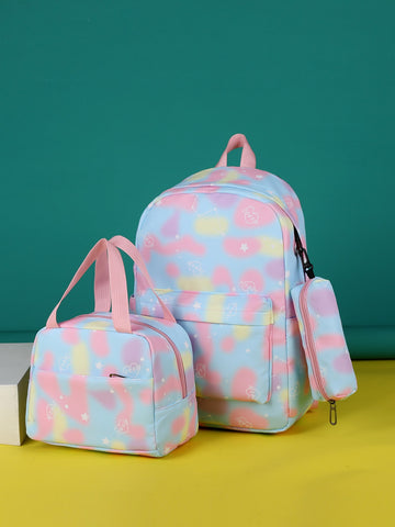 3pcs Girls Colorblock Geometric Pattern Backpack Set
