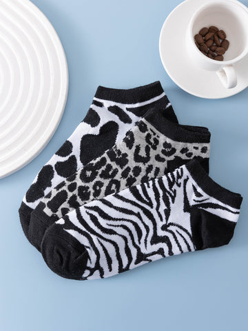 3pairs Zebra Striped & Leopard Pattern Ankle Socks