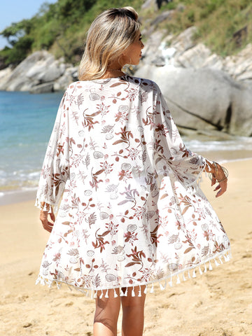 Summer Beach Floral Print Tassel Trim Kimono