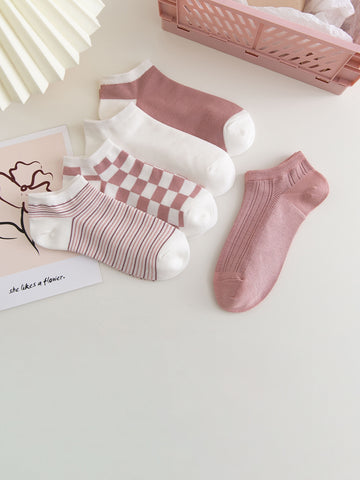 5pairs Checkered & Striped Pattern Ankle Socks