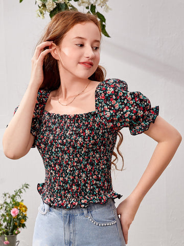 Teen Girls Ditsy Floral Print Square Neck Puff Sleeve Peplum Blouse