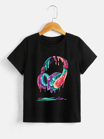 Tween Boy Casual Comfortable & Breathable Loose T-shirt With Colored Headphone Pattern