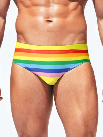 Men Rainbow Striped Print Swim Brief