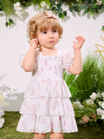 Baby Floral Print Layered Ruffle Trim Shirred Bodice Dress