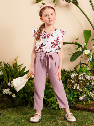 Young Girl Floral Print Butterfly Sleeve Top & Belted Pants