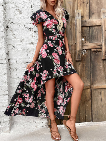 Floral Print Butterfly Sleeve High Low Dress Without Belt