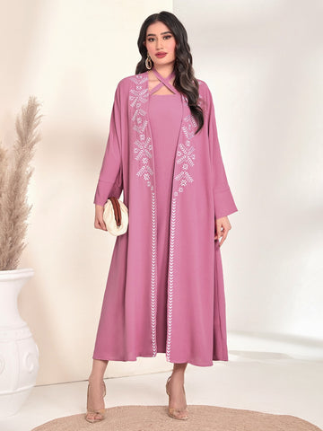 1set Plants Embroidery Open Front Abaya With Halter Dress