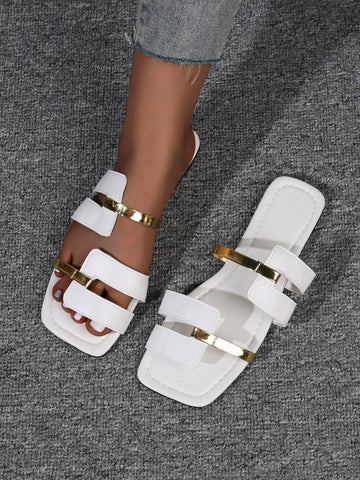 Women Cut Out Design Two Tone Slide Sandals, Fashion Summer Flat Sandals