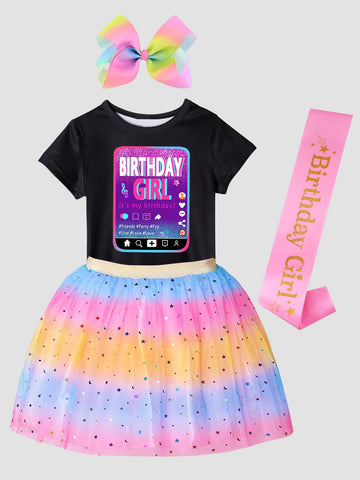 Toddler Girls Slogan Graphic Tee & Ombre Mesh Overlay Skirt & Headband & Ribbon
