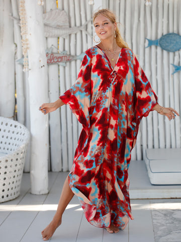Tie Dye Print Batwing Sleeve Cover Up Dress House Dress