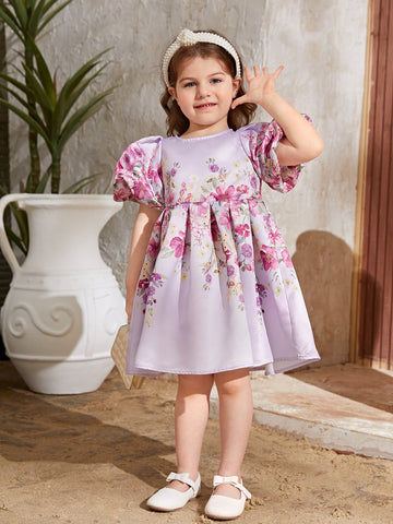 Toddler Girls Floral Print Puff Sleeve Dress