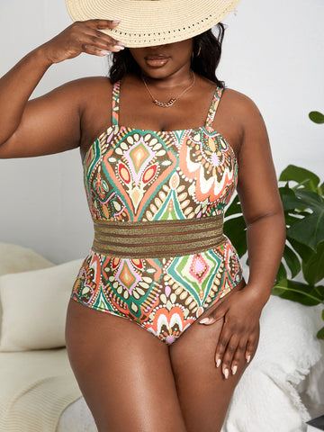 Plus Allover Print Contrast Mesh One Piece Swimsuit