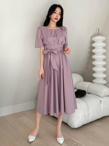 Solid Puff Sleeve Belted Dress